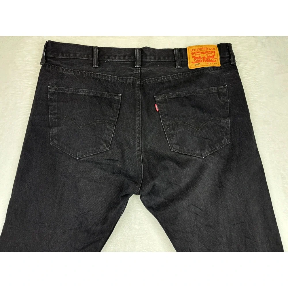 Levis 501 Original Fit Mens 38x30 Jeans Fuzzy Black Faded Grungy Washed Denim